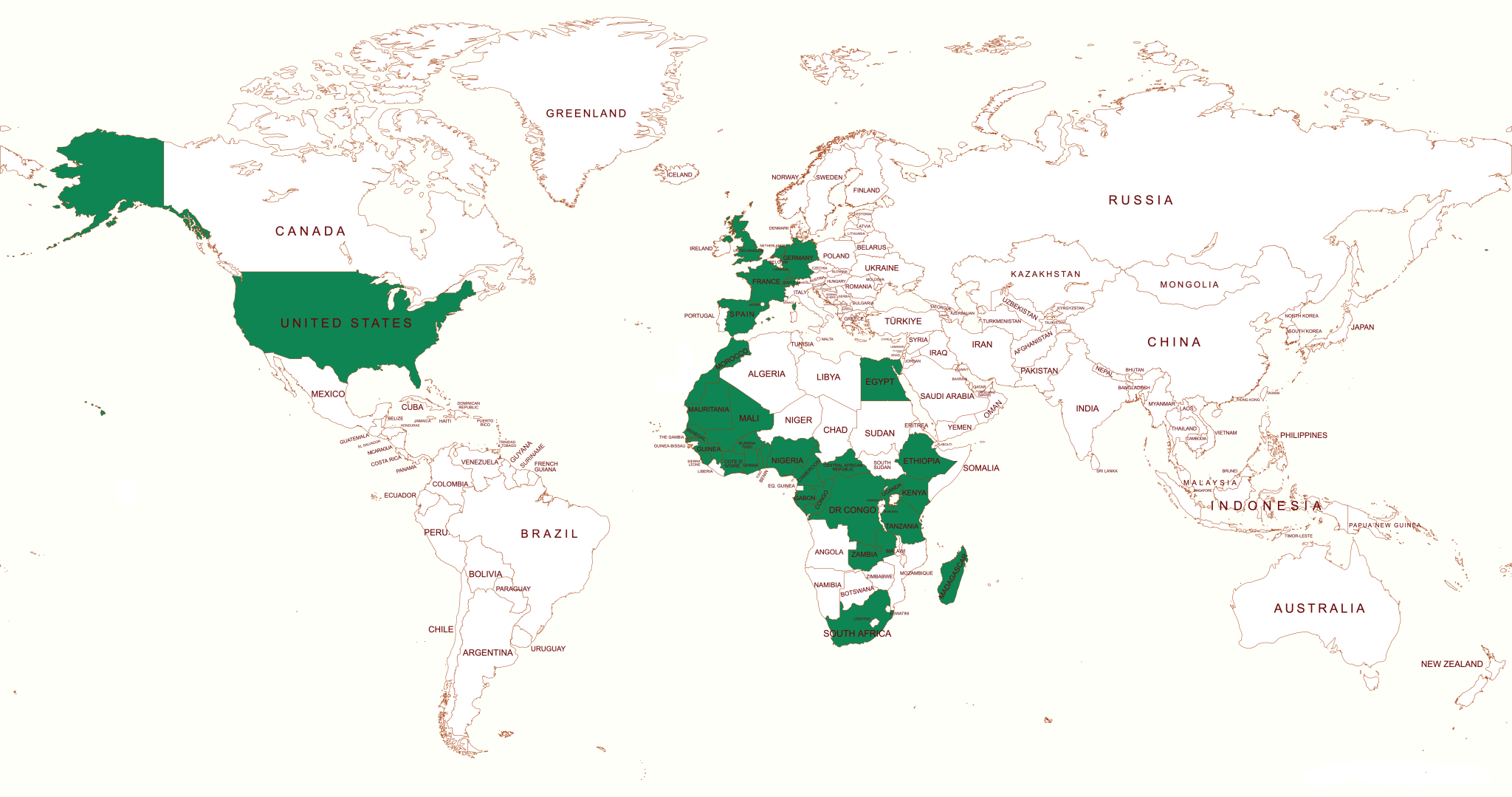 World map highlighting countries connected to AMedRA's research footprint